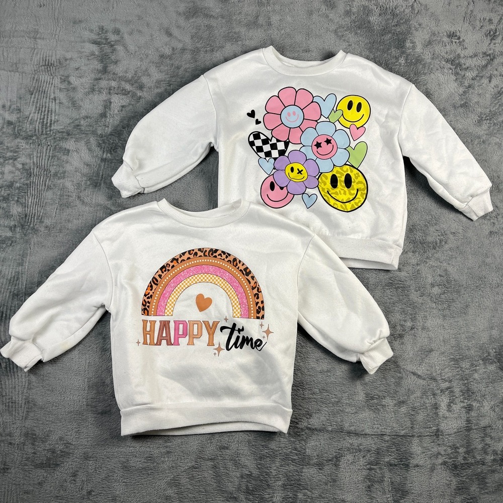 Shein Sweatshirts Girls 4Y White Happy Time Smiling Faces Fleece Lined Lot Of 2